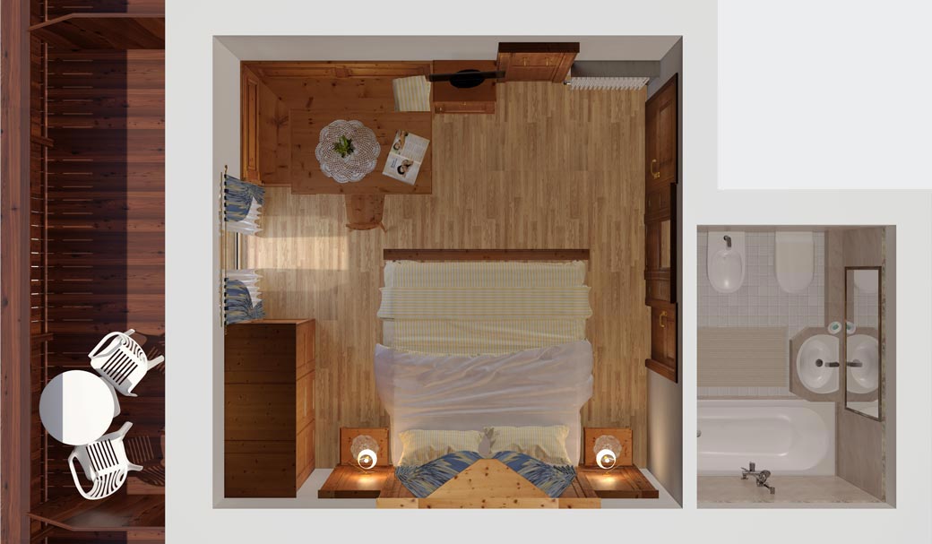 Room plan with balcony at the Genziana Siusi Alto Adige